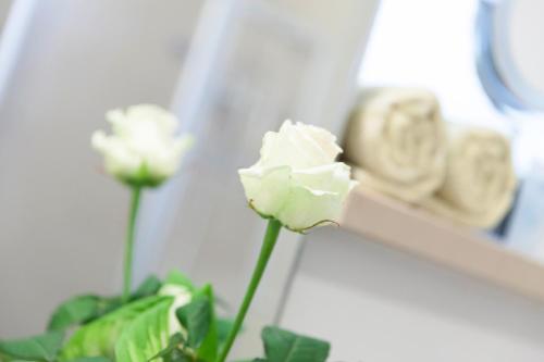a white rose in a vase on a shelf at Hotel Villa Rosa in Allershausen
