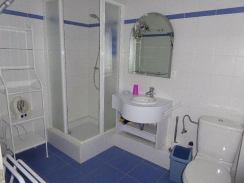 La salle de bains est pourvue d'une douche, d'un lavabo et de toilettes. dans l'établissement la Charbonnière, à Bellefosse