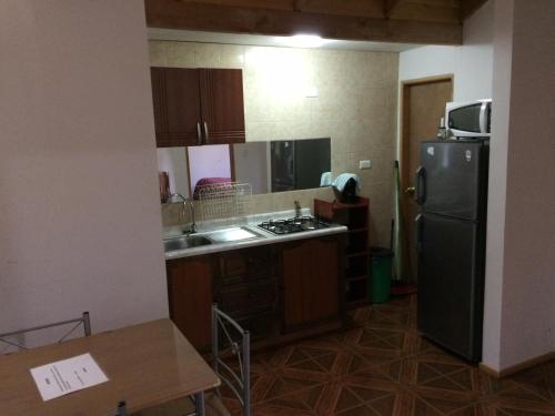 a kitchen with a black refrigerator and a table at Cabañas Pichares in Caburgua