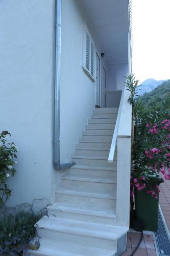 a staircase leading up to a white building with flowers at Apartments Vila ViDa Orebić in Orebić
