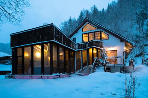 a house in the snow at night at Wellness privát Štyri Lipy in Liptovské Revúce