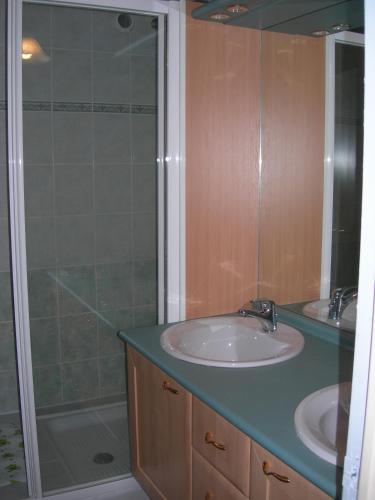 une salle de bain avec un lavabo et une douche dans l'établissement la maison de Léa, à Cancale