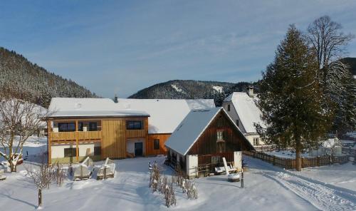 a large house in the snow with snow at Ferienwohnungen Orth in Lassing