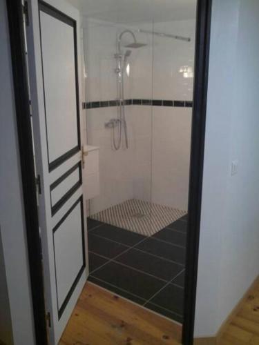 une douche avec une porte vitrée dans une salle de bain dans l'établissement Gîte la mirabelle, à Montazeau