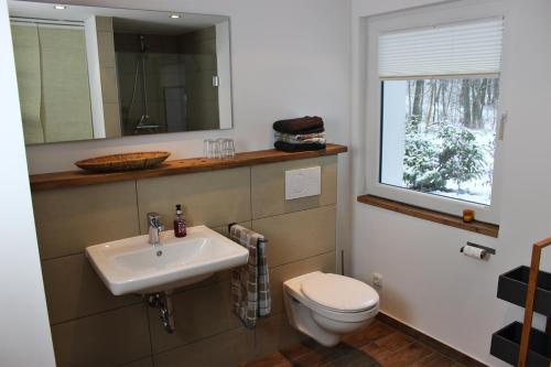 bagno con lavandino, servizi igienici e finestra di "das Waldhaus" a Bad Lauterberg