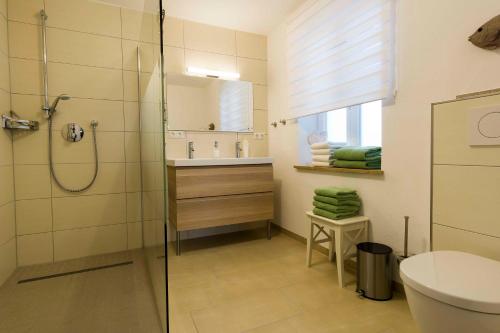 e bagno con doccia, servizi igienici e lavandino. di Ferienwohnung in Brand Finkenhöhe a Brand