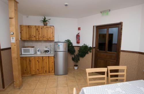 eine Küche mit einem Kühlschrank und einem Tisch mit Stühlen in der Unterkunft Paulay Borház és Vendégház in Tokaj