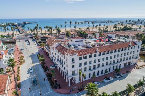 an aerial view of a large white building on the beach at Hotel Californian in Santa Barbara