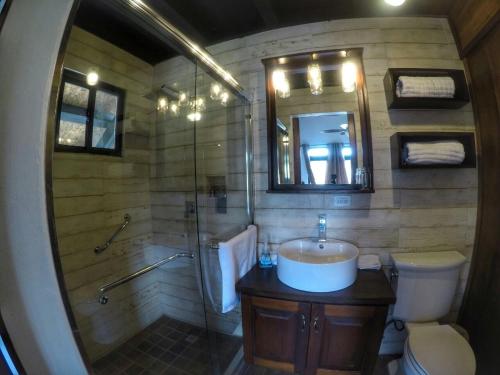 a bathroom with a sink and a toilet and a mirror at El Granero De Frida in Boquete