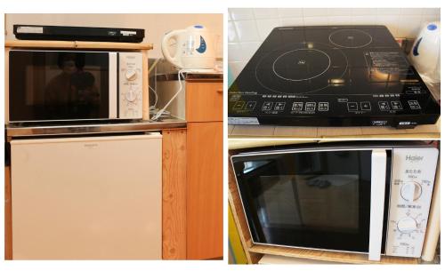 a kitchen with a microwave and a refrigerator at Lucy's House横浜中華街 House3 in Yokohama