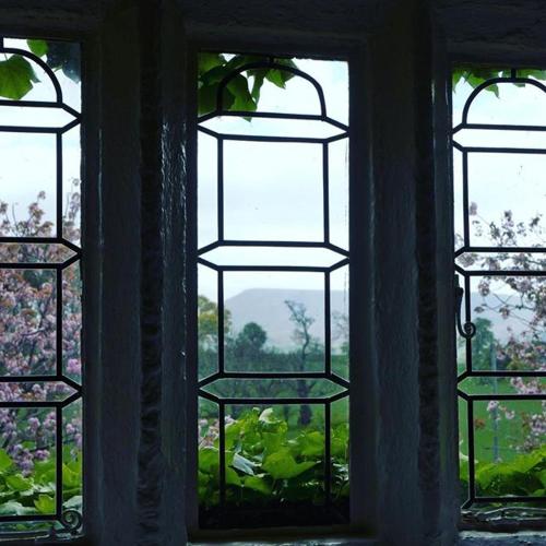 a window with a view of a garden through it at Stirk House Hotel in Clitheroe