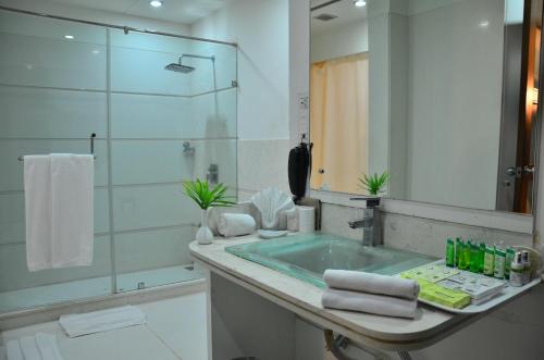 a bathroom with a sink and a large mirror at Cambay Sapphire, Gandhinagar in Gandhinagar