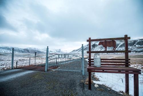 a bench sitting next to a fence with a cow on it at Eiði Farmhouse in Grundarfjordur
