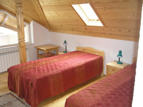 a bedroom with two beds and a skylight at Pandea Guest House in Bachevo