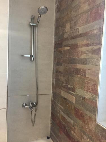 a shower in a bathroom with a brick wall at Hotel La Posta in Oncativo