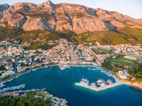 an aerial view of a harbor with boats in the water at Villa Yanko, large pool stunning sea view in Tučepi