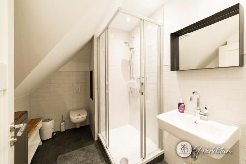 y baño con ducha, lavabo y aseo. en Villa Dohna - Apartment Wedelstam en Leipzig