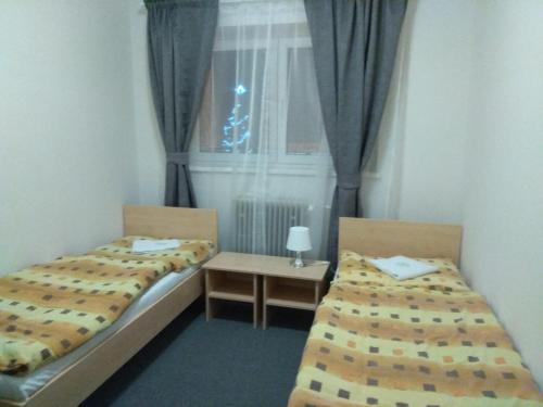 dwa łóżka w pokoju z oknem w obiekcie Hotel Lidový dům w mieście Nový Hrozenkov