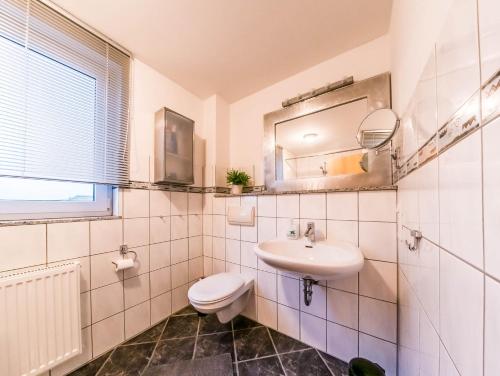 uma casa de banho com um WC, um lavatório e um espelho. em Ferienhäuser Schröder em Monschau