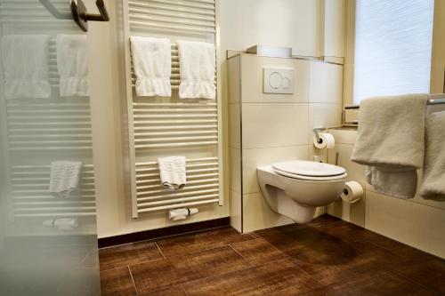 a bathroom with a toilet and a shower with towels at Sonnenhof in Melsungen