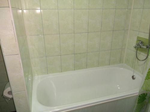 a white bath tub in a bathroom with a shower at Apartment in the center of old town in Kamianets-Podilskyi