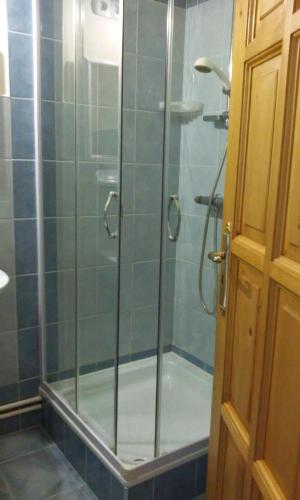 eine Dusche mit Glastür im Bad in der Unterkunft Jánosi Vendégház in Tiszafüred