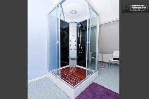 Una ducha acristalada en una habitación con alfombra morada en Amsterdam Farmland en Ámsterdam