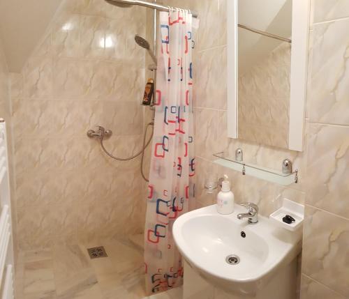 a bathroom with a shower curtain and a sink at Floare de Colț in Sibiu