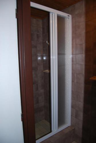 a shower with a glass door in a bathroom at Pension U Mojmíra in Rokytnice nad Jizerou