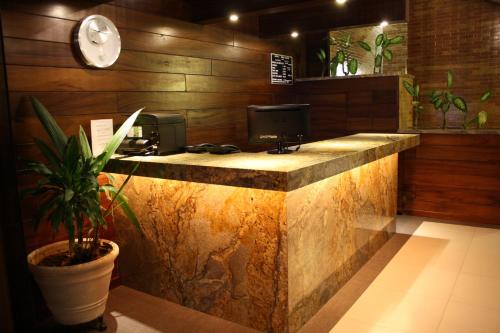 a lobby with a reception desk with a potted plant at Hotel Porto Allegro Puerto Vallarta in Puerto Vallarta