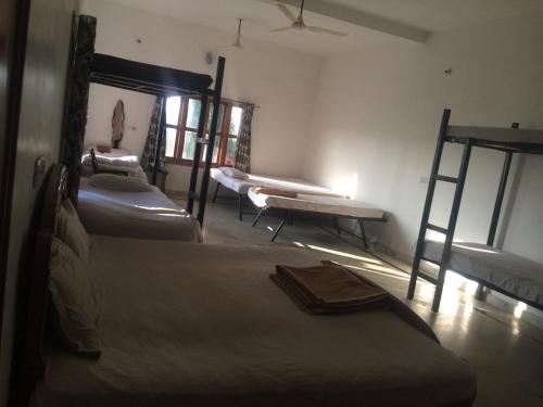a room with three bunk beds and a window at Hotel isabel Palace in Khajurāho