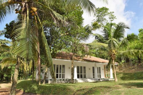 a white house with palm trees in front of it at Good Vibes Villas in Unawatuna