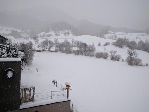 a snow covered yard with a field and a house at Gästehaus Hanser in Virgen