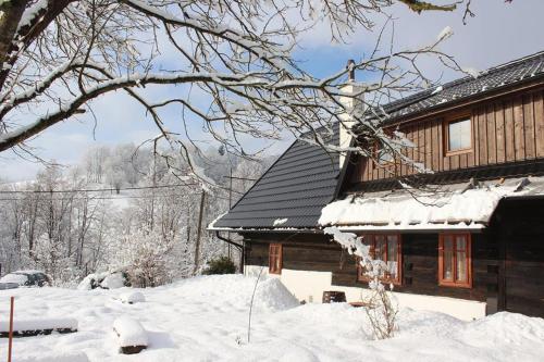 Chalupa na Valašsku في Halenkov: منزل مغطى بالثلج بجوار منزل