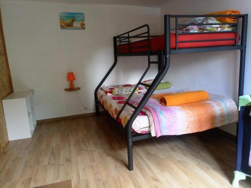 a bedroom with two bunk beds and a wooden floor at Les Jardins Créoles in Cilaos