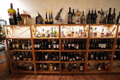 a shelf filled with lots of bottles of wine at Hotel Bahnhof Haus in Chiasso