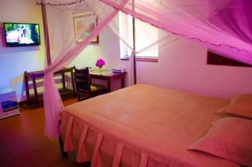 a bedroom with a bed with a pink canopy at Edena Kely in Mahajanga