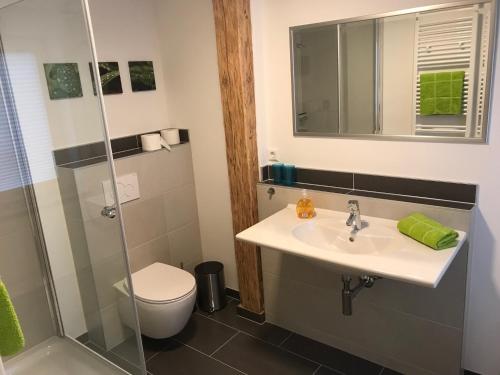a bathroom with a sink and a shower at Das kleine Schwarze in Parsau