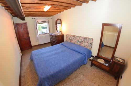 um quarto com uma cama azul e um espelho em Casa Daniel em Cappella