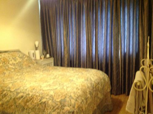 Schlafzimmer mit einem Bett und einem Fenster mit Vorhängen in der Unterkunft Shepperton Guesthouse in Shepperton
