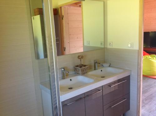 a bathroom with a sink and a mirror at Gite la Quintessence in Nonglard