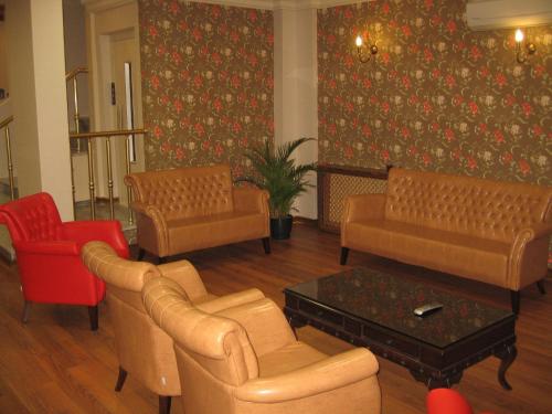 a living room with couches chairs and a table at Termal Elit Hotel in Gokcedere