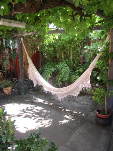 a hammock in a garden with a bunch of plants at Hotel Boutique Las Azucenas in Constitución