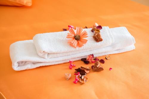 a towel with a flower on it and some spices at Villa Marchesa in Castelnuovo Cilento