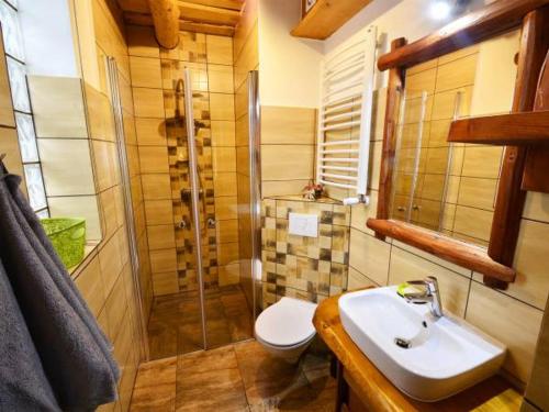 Uroczysko في برينا: حمام مع مرحاض ومغسلة ودش