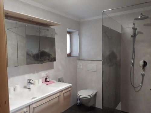 オーベルンドルフ・イン・チロルにあるPension Alpenroseのバスルーム(シャワー、洗面台、トイレ付)