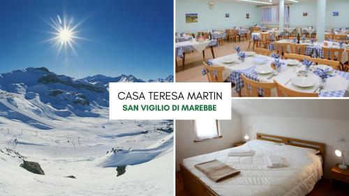a collage of three pictures of a restaurant with snow covered mountains at Casa Teresa Martin in San Vigilio Di Marebbe