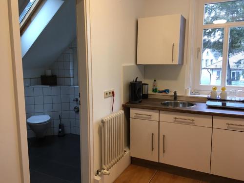 een keuken met een wastafel, een toilet en een raam bij Gästehaus Villa Lina in Bad Herrenalb