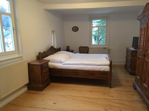 een slaapkamer met een bed en 2 ramen bij Gästehaus Villa Lina in Bad Herrenalb