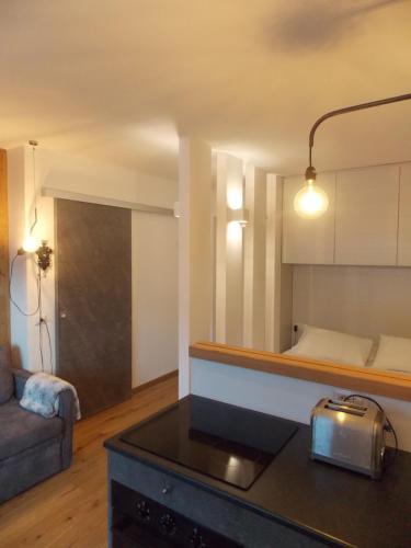 尚波呂克的住宿－Monolocale Monterosa，客厅配有沙发和1张床